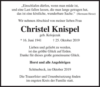 Traueranzeige von Christel Knispel (geb. Kolojezak)  von Magdeburger Volksstimme