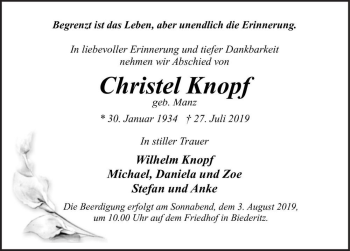 Traueranzeige von Christel Knopf (geb. Manz)  von Magdeburger Volksstimme