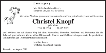 Traueranzeige von Christel Knopf (geb. Manz)  von Magdeburger Volksstimme