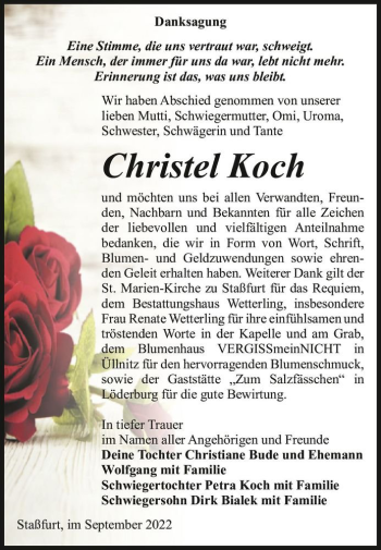 Traueranzeige von Christel Koch  von Magdeburger Volksstimme