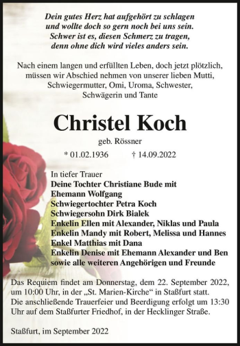 Traueranzeige von Christel Koch (geb. Rössner)  von Magdeburger Volksstimme