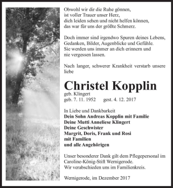 Traueranzeige von Christel Kopplin (geb. Klingert)  von Magdeburger Volksstimme