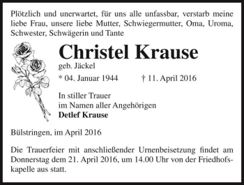 Traueranzeige von Christel Krause (geb. Jäckel)  von Magdeburger Volksstimme