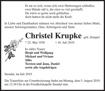 Traueranzeige von Christel Krupke (geb. Zempel)  von Magdeburger Volksstimme