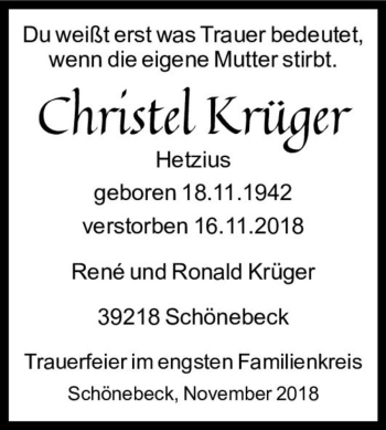Traueranzeige von Christel Krüger (geb. Hetzius)  von Magdeburger Volksstimme