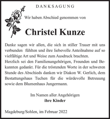 Traueranzeige von Christel Kunze  von Magdeburger Volksstimme