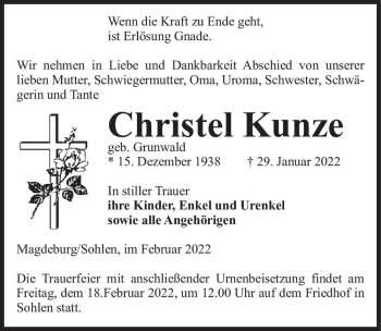 Traueranzeige von Christel Kunze (geb. Grunwald)  von Magdeburger Volksstimme