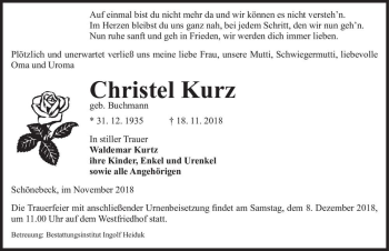 Traueranzeige von Christel Kurz (geb. Buchmann)  von Magdeburger Volksstimme