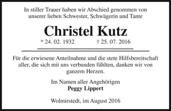 Traueranzeige von Christel Kutz  von Magdeburger Volksstimme