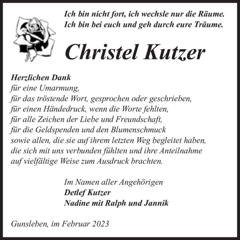  Traueranzeige für Christel Kutzer  vom 18.02.2023 aus Magdeburger Volksstimme