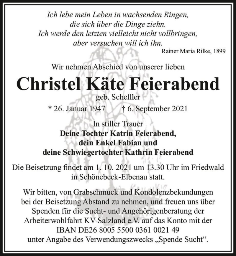  Traueranzeige für Christel Käte Feierabend (geb. Scheffler)  vom 18.09.2021 aus Magdeburger Volksstimme