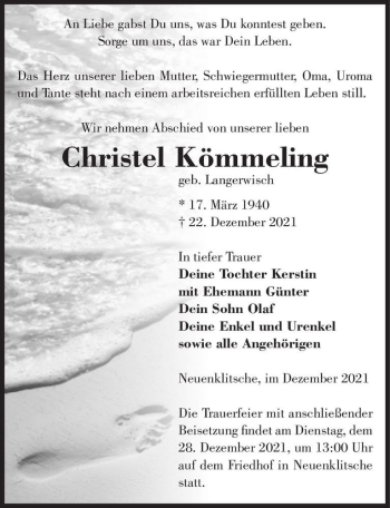 Traueranzeige von Christel Kömmeling (geb. Langerwisch)  von Magdeburger Volksstimme