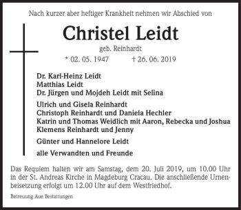 Traueranzeige von Christel Leidt (geb. Reinhardt)  von Magdeburger Volksstimme
