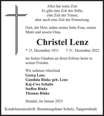 Traueranzeige von Christel Lenz  von Magdeburger Volksstimme