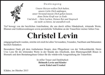 Traueranzeige von Christel Levin  von Magdeburger Volksstimme
