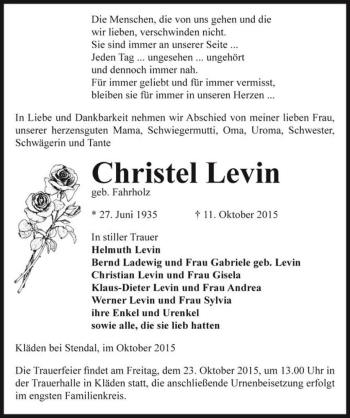 Traueranzeige von Christel Levin (geb. Fahrholz)  von Magdeburger Volksstimme