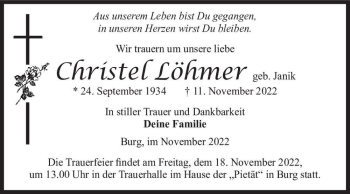 Traueranzeige von Christel Löhmer (geb. Janik)  von Magdeburger Volksstimme