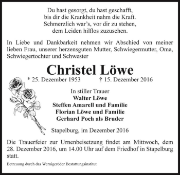 Traueranzeige von Christel Löwe  von Magdeburger Volksstimme