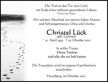 Traueranzeige von Christel Lück (geb. Lammert)  von Magdeburger Volksstimme