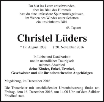 Traueranzeige von Christel Lüders  von Magdeburger Volksstimme
