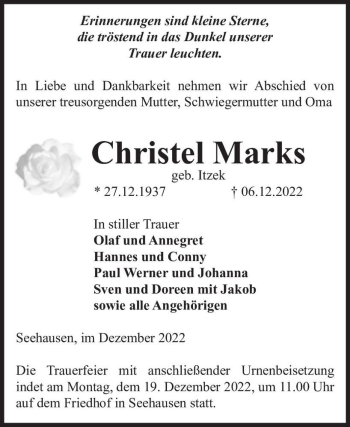 Traueranzeige von Christel Marks (geb. Itzek)  von Magdeburger Volksstimme