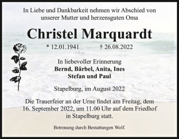 Traueranzeige von Christel Marquardt  von Magdeburger Volksstimme