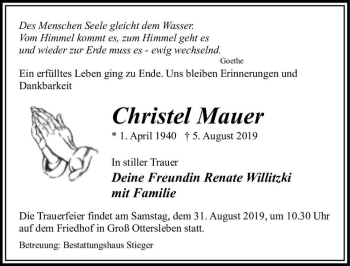 Traueranzeige von Christel Mauer  von Magdeburger Volksstimme