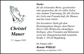 Traueranzeige von Christel Mauer  von Magdeburger Volksstimme