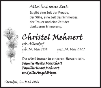 Traueranzeige von Christel Mehnert (geb. Allendorf)  von Magdeburger Volksstimme