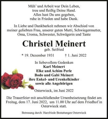 Traueranzeige von Christel Meinert (geb. Seifried)  von Magdeburger Volksstimme