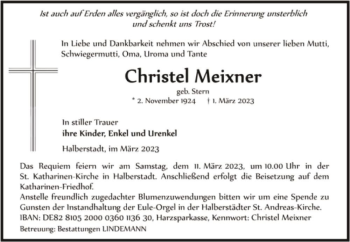 Traueranzeige von Christel Meixner (geb. Stern)  von Magdeburger Volksstimme