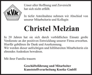 Traueranzeige von Christel Melzian  von Magdeburger Volksstimme
