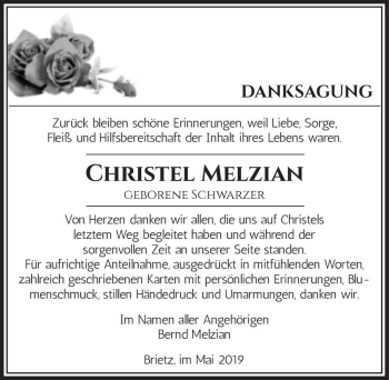 Traueranzeige von Christel Melzian (geb. Schwarzer)  von Magdeburger Volksstimme