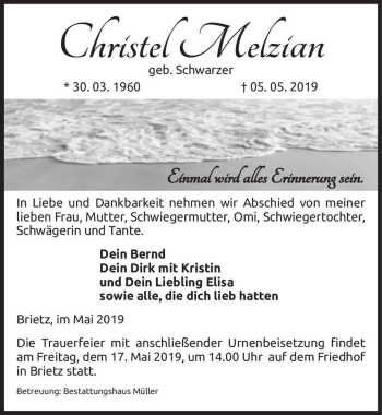 Traueranzeige von Christel Melzian (geb. Schwarzer)  von Magdeburger Volksstimme