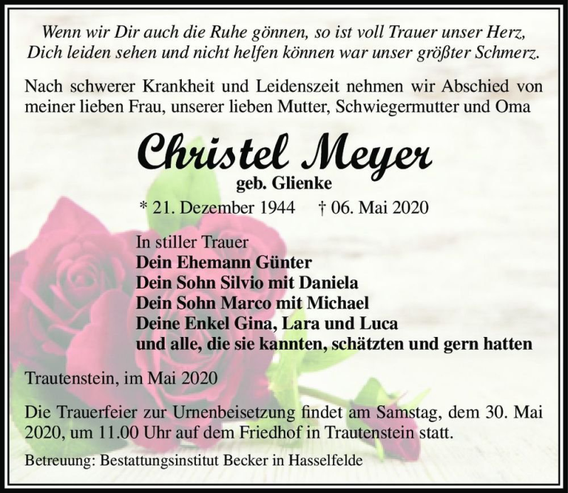  Traueranzeige für Christel Meyer (geb. Glienke)  vom 23.05.2020 aus Magdeburger Volksstimme