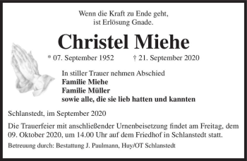 Traueranzeige von Christel Miehe  von Magdeburger Volksstimme
