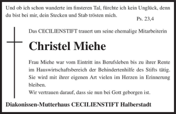 Traueranzeige von Christel Miehe  von Magdeburger Volksstimme