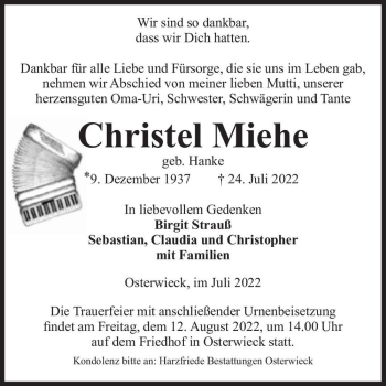 Traueranzeige von Christel Miehe (geb. Hanke)  von Magdeburger Volksstimme