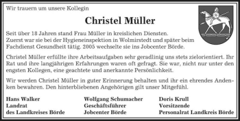Traueranzeige von Christel Müller  von Magdeburger Volksstimme