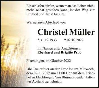 Traueranzeige von Christel Müller  von Magdeburger Volksstimme