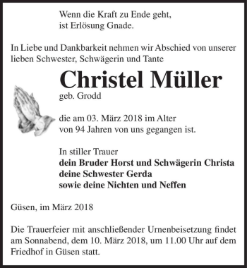Traueranzeige von Christel Müller (geb. Grodd)  von Magdeburger Volksstimme