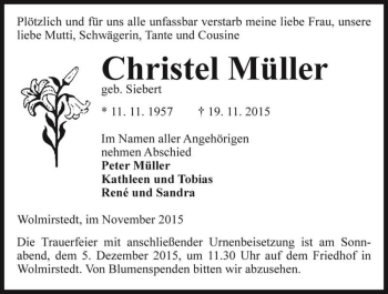 Traueranzeige von Christel Müller (geb. Siebert)  von Magdeburger Volksstimme