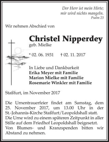 Traueranzeige von Christel Nipperdey (geb. Mielke)  von Magdeburger Volksstimme