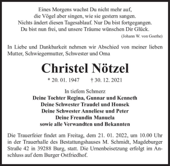 Traueranzeige von Christel Nötzel  von Magdeburger Volksstimme