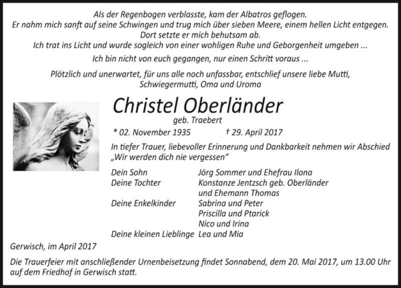  Traueranzeige für Christel Oberländer (geb. Traebert)  vom 06.05.2017 aus Magdeburger Volksstimme
