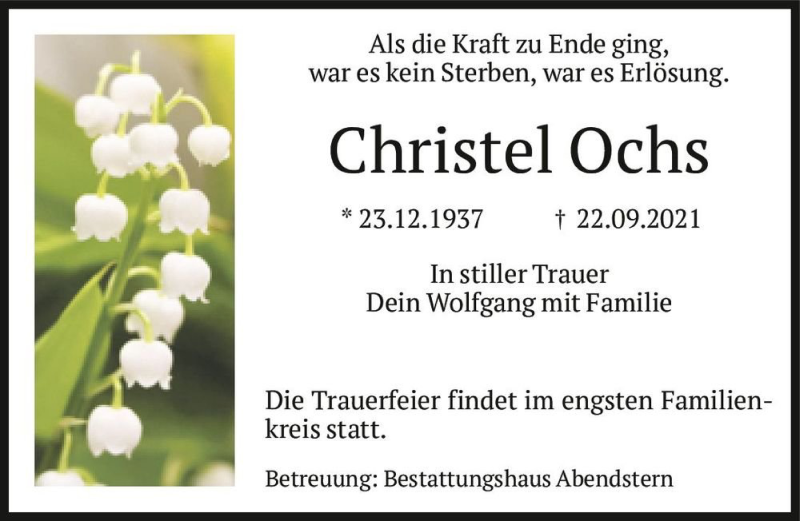  Traueranzeige für Christel Ochs  vom 02.10.2021 aus Magdeburger Volksstimme