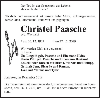 Traueranzeige von Christel Paasche (geb. Wacinski)  von Magdeburger Volksstimme