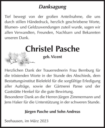 Traueranzeige von Christel Pasche (geb. Vicent)  von Magdeburger Volksstimme
