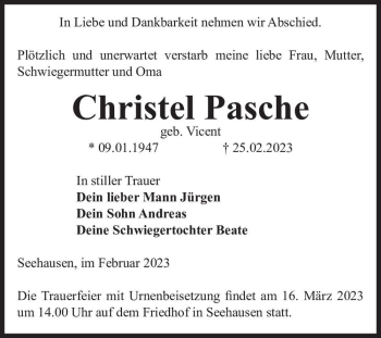 Traueranzeige von Christel Pasche (geb. Vicent)  von Magdeburger Volksstimme
