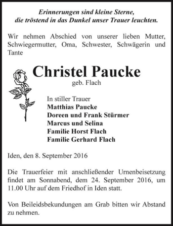 Traueranzeige von Christel Paucke (geb. Flach)  von Magdeburger Volksstimme